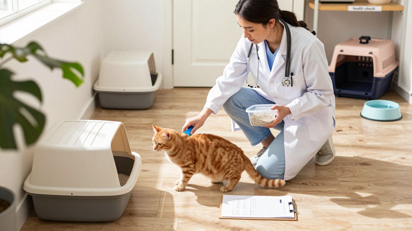 Tierärztin in weißem Kittel streichelt orangefarbene Katze in einem Raum mit Katzenboxen und Zubehör.