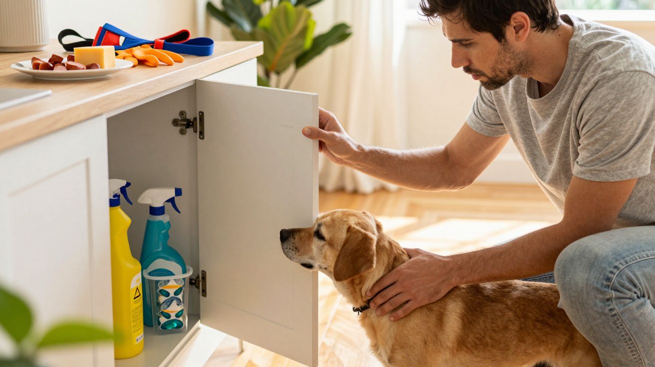 Mann kniet neben Hund vor offenem Küchenschrank mit Reinigungsmitteln, Spülschwamm und Geschirrhandtuch auf Arbeitsplatte.