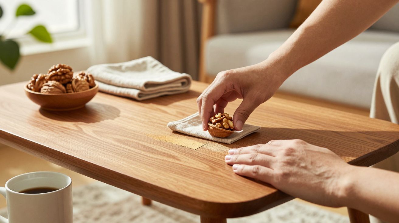 Hand stellt Walnüsse auf einen Holztisch; daneben eine Tasse und Servietten.