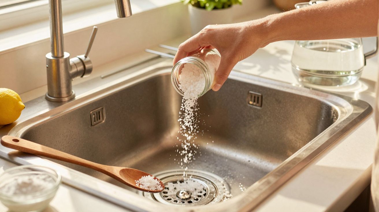 Hand streut Salz in ein Spülbecken neben Holzlöffel mit Salz.
