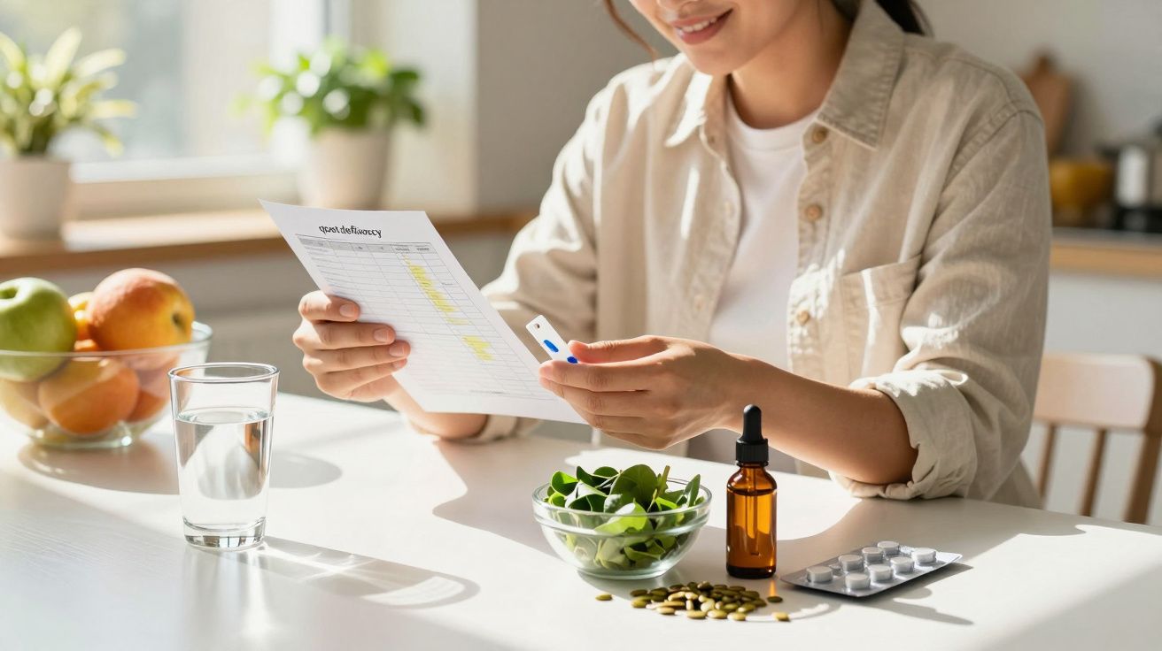 Frau liest Notiz am Tisch mit Glas Wasser, Obst, Schüssel Salat und Tablettenfläschchen in Küche.