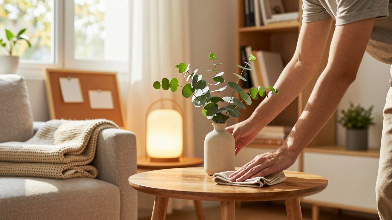Person wischt einen Holztisch im Wohnzimmer, auf dem ein weißer Krug mit Eukalyptus steht. Sofa im Hintergrund.