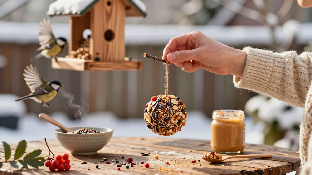 Hand hängt eine Futterkugel für Vögel auf, Meisen fliegen um ein Holzhaus, Schüssel mit Samen und Glas auf Tisch.