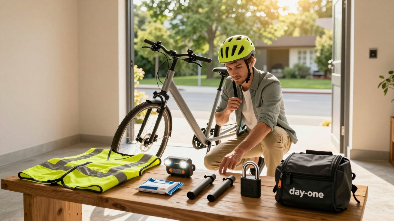 Mann mit Helm sitzt neben Fahrrad und Zubehör auf Holztisch, darunter Weste, Licht, Schloss und Tasche in Garage.