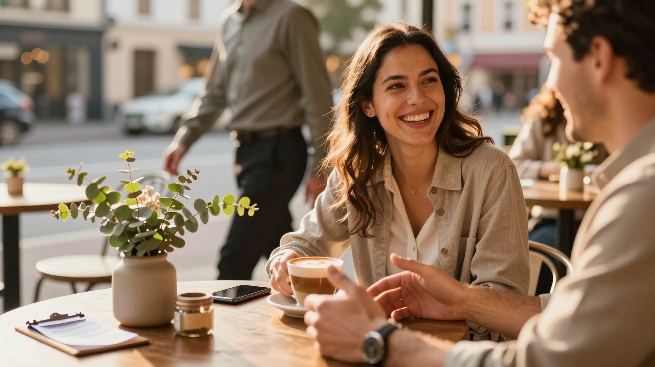 Frau in Café sitzt mit Kaffee und lacht, während sie sich mit einem Mann unterhält. Côte à côte sind eine Pflanze und ein Han