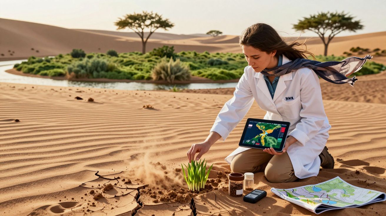 Frau in weißem Kittel studiert Pflanzen im Sand mit Tablet, Karten und Proben, Oase im Hintergrund.