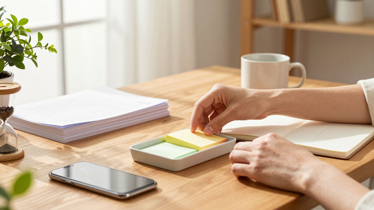 Person am Schreibtisch nimmt einen Haftnotizblock. Auf dem Tisch sind ein Smartphone, eine Tasse, und ein Pflanzengefäß.