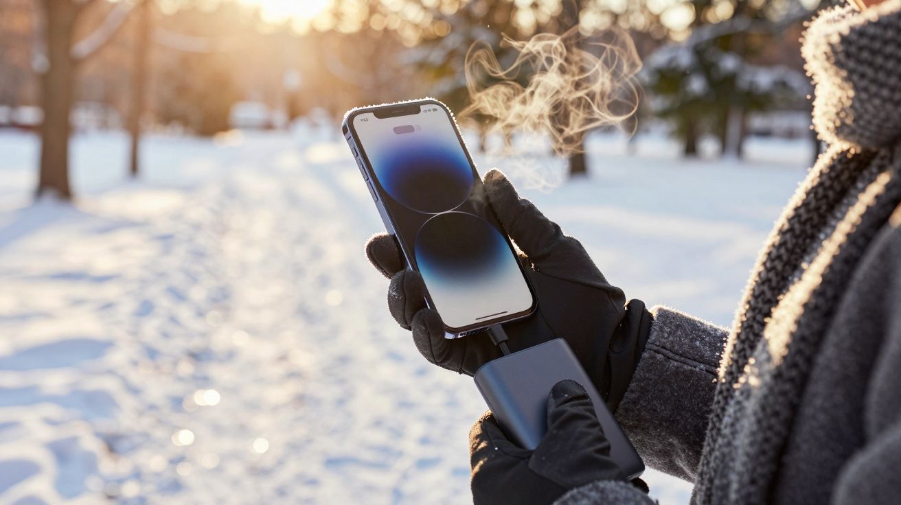 Person hält Smartphone im Schnee, eingepackt in Winterkleidung, Sonne scheint durch Bäume im Hintergrund.