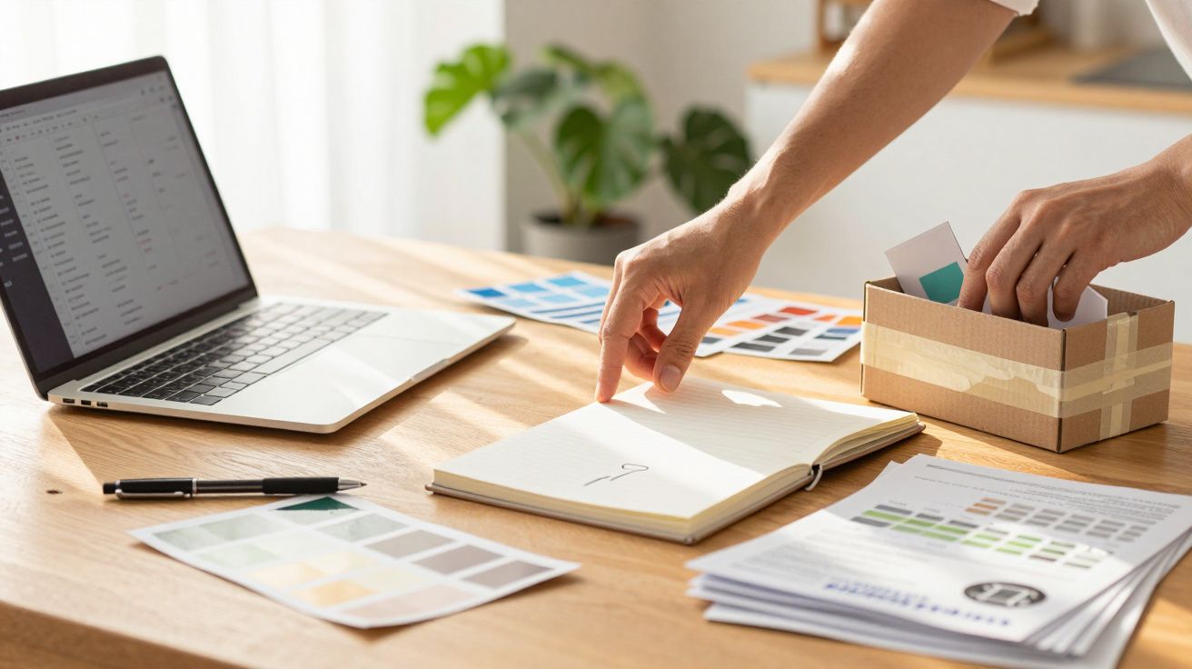 Laptop, Notizbuch, Farbpaletten auf Tisch; Hand zeigt auf Notizbuch.