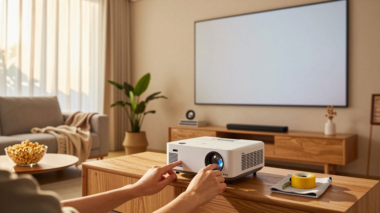 Person bedient Projektor im Wohnzimmer, zeigt auf Leinwand. Sofa, Popcorn und Pflanze im Hintergrund.