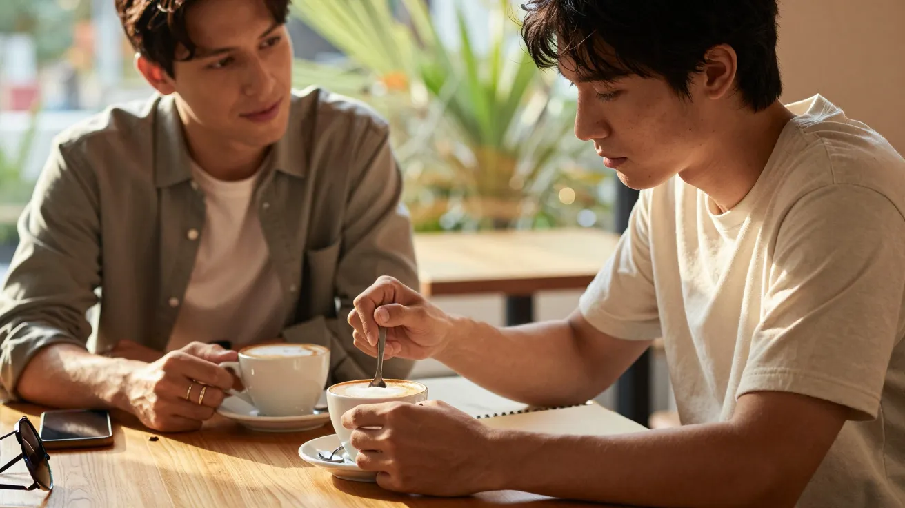Zwei Männer im Café, trinken Kaffee und unterhalten sich an einem Holztisch mit Pflanzen im Hintergrund.