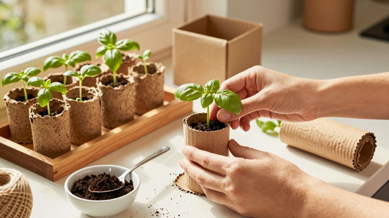 Hände pflanzen Basilikum in Torfbehälter auf einem Tisch neben einem Fenster, mit Erde und Bindfaden.