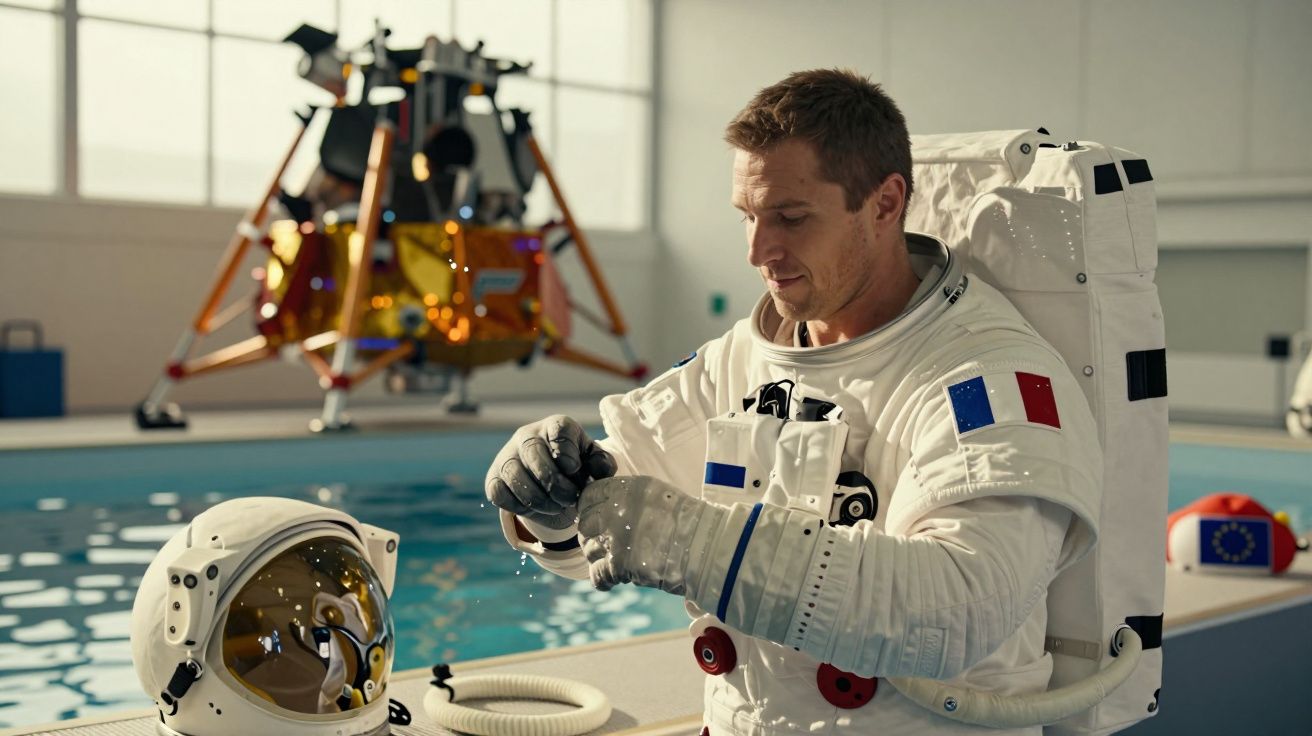 Astronaut im Raumanzug neben einem Pool, im Hintergrund ein Modell einer Mondlandefähre.