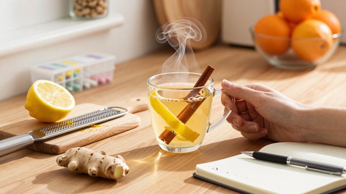 Dampfender Tee mit Zimt und Zitrone, daneben Ingwer, halbe Zitrone, Reibe und Notizbuch auf Holztisch.