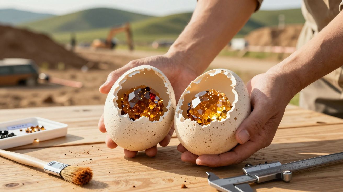 Hände halten zwei halbe Eier gefüllt mit glitzernden Kristallen, auf einem Tisch mit Pinsel und Messschieber.